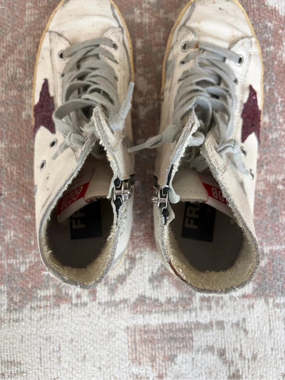Golden Goose White Leather High-Top Sneakers with Maroon Star